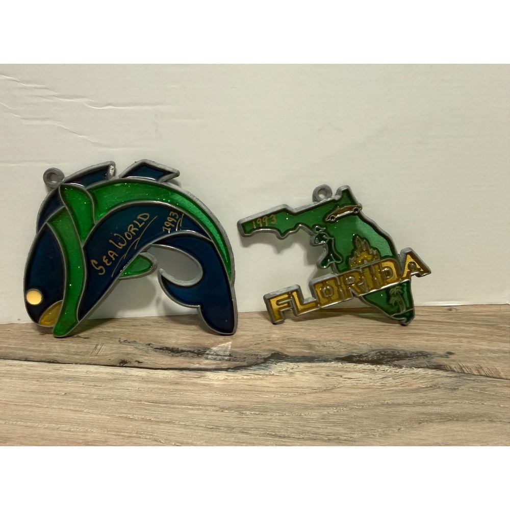 Vintage 1993 SeaWorld Dolphin and Florida State Suncatcher Ornament Set Lot of 2